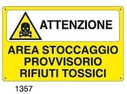 Attenzione area stoccaggio provvisorio rifiuti tossici - A - Alluminio 500x330 mm - Conf 10 pz.