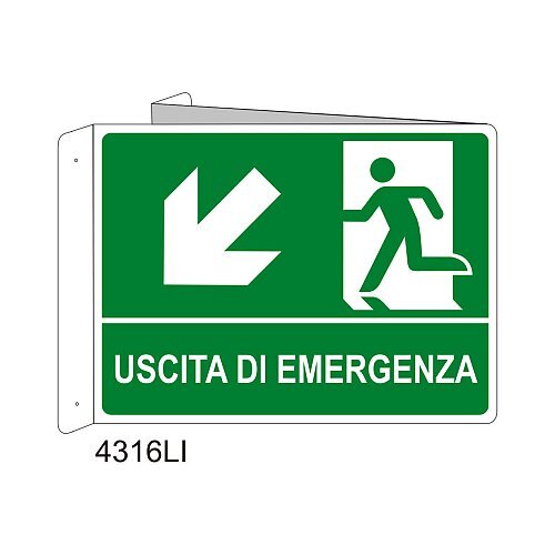 Uscita di emergenza freccia diagonale sinistra in basso - Alluminio - B - 160x210mm - Bifacciale a Bandiera - Non Luminescente - Conf.1 pz