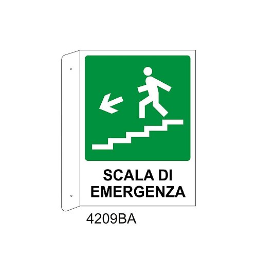 Scala di emergenza basso sinistra - Alluminio - C - 230x310mm - Bifacciale a Bandiera - Non Luminescente - Conf.10 pz