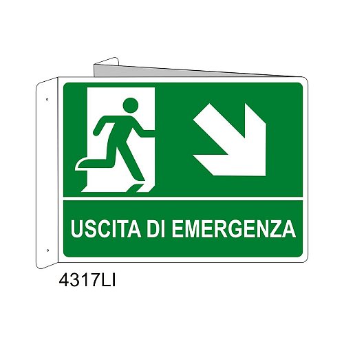 Uscita di emergenza freccia diagonale destra in basso - Alluminio - C - 230x310mm - Bifacciale a Libro - Non Luminescente - Conf.1 pz