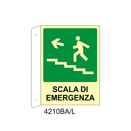 Scala di emergenza alto sinistra - Alluminio - B - 160x210mm - Bifacciale a Bandiera - Luminescente - Conf.10 pz