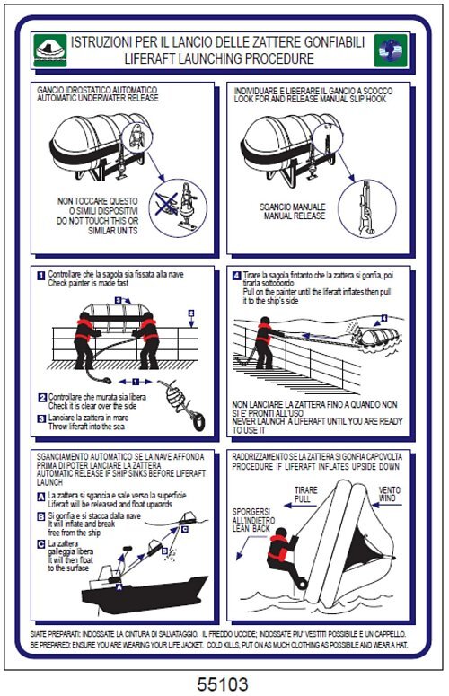 Liferaft launching procedure - Istruzioni per il lancio delle zattere gonfiabili - A - AD 250x350 mm