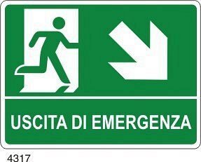 Uscita di emergenza freccia diagonale destra in basso - B - PVC adesivo 160x210 mm - Conf 10 pz.