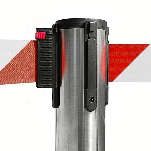 Colonnina Tendilinea Acciaio Spazzolato con base piatta - Nastro Bianco/Rosso