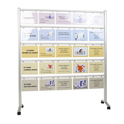 Espositore porta avvisi con ruote, traversi 15 tasche A3 verticale su 3 livelli