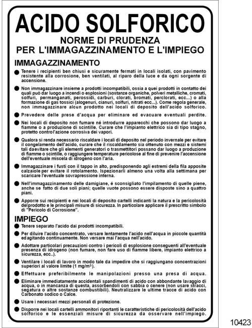 Immagazzinamento e impiego dell'acido solforico - C - Alluminio -500x700 mm - Conf 10 pz
