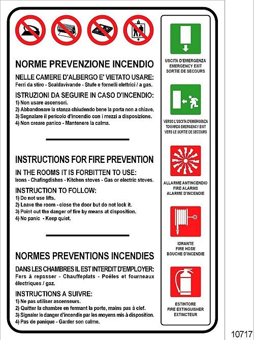 Condotta da tenere in caso di incendio - alberghi (3 lingue con simboli) - A - PVC adesivo - 165x250 mm