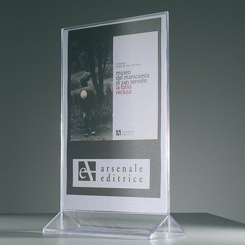 Porta avvisi in plexiglass bifacciale, formato A4 con base triangolare